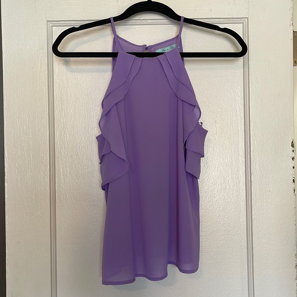 Flowy ruffled silk blend lilac blouse